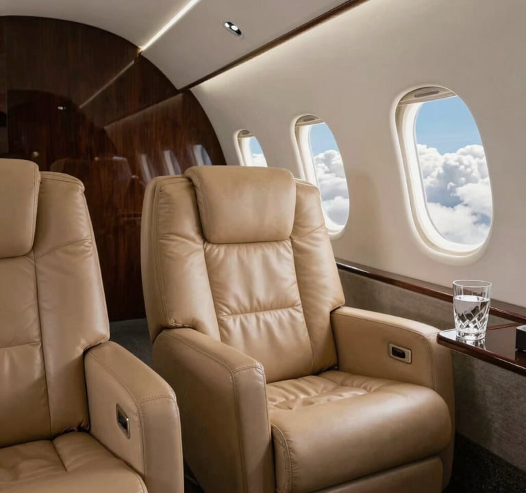 The interior of a sleek, modern private jet cabin with tan leather seats and soft ambient lighting. A crystal glass of water sits on a polished surface near a window showing soft white clouds. Sophisticated and globally aware style.