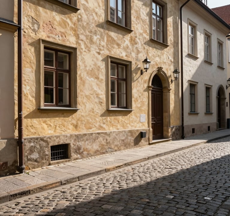 A close-up photograph of a private cultural tour through an ancient European cobblestone street, showing architectural details and warm, natural sunlight. North American / International traveler vibe.