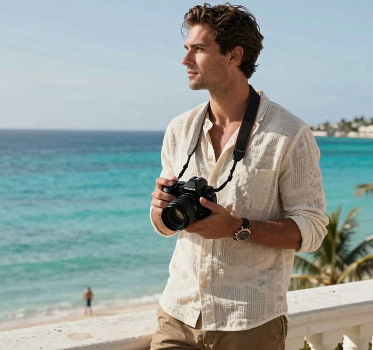 A sophisticated traveler standing on a terrace overlooking a turquoise bay, holding a camera and dressed in elegant resort wear. North American / International style.