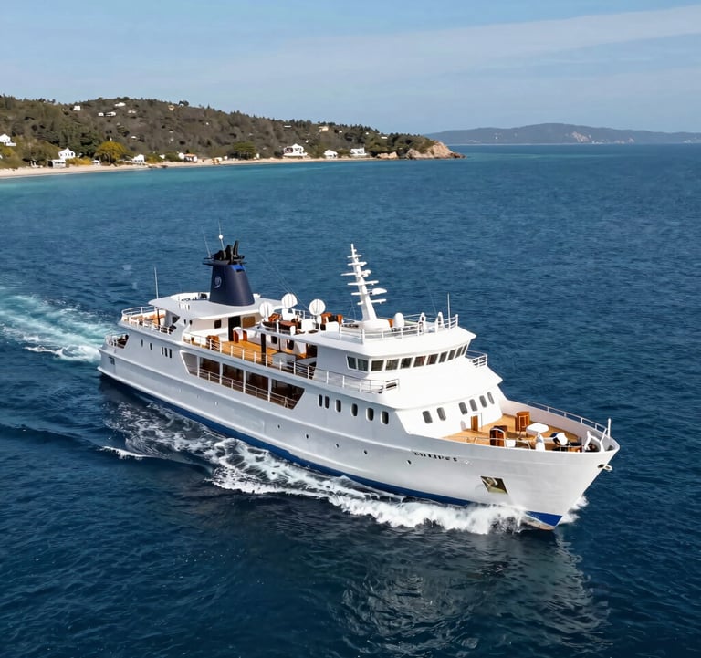 A wide shot of a luxury expedition ship cruising through clear blue waters near a pristine coastline. The composition is balanced and elegant, highlighting a premium and globally aware travel experience.