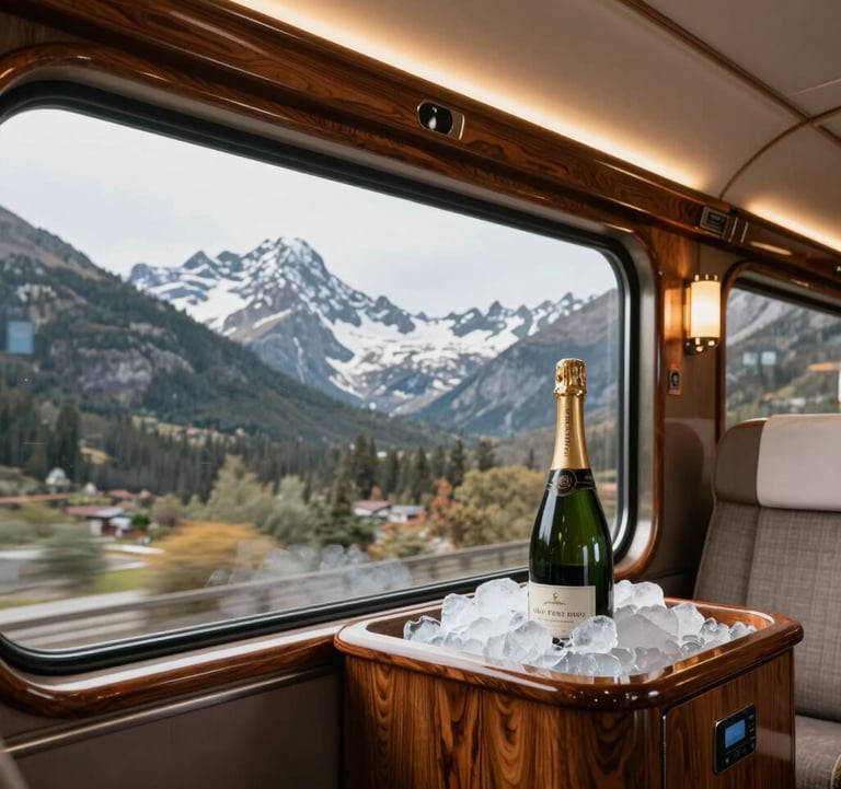 A luxury train cabin interior with mahogany finishings and a bottle of champagne on ice, passing through a stunning mountain range. North American / International sophisticated style.