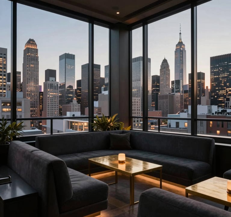 A high-end urban rooftop lounge in a major global city like New York or London. The interior features deep charcoal seating and muted gold accents. Floor-to-ceiling glass walls reveal a stunning metropolitan skyline at twilight. The style is premium and globally aware, suitable for a North American / International audience.