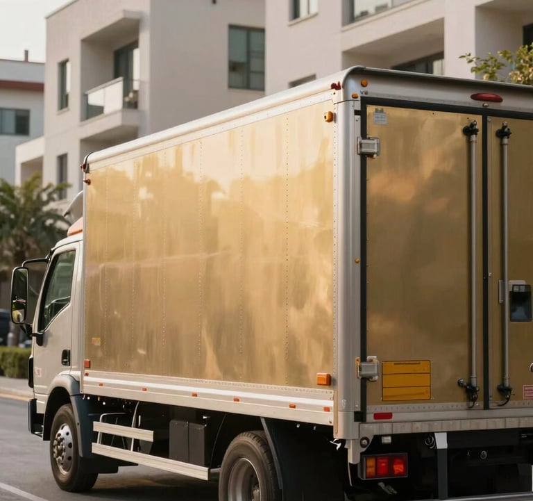 A professional moving truck with clean metallic gold detailing parked in a modern Mecca residential district. Soft daylight, clean lines, focusing on the efficiency and scale of the operation.