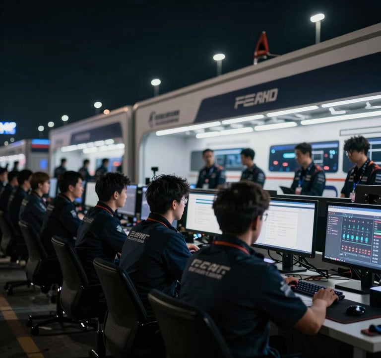 The pit wall of a racing team during a night race. Focused engineers observing monitors, silhouettes against blurred lights. Authoritative, high-performance atmosphere using #0a0f0a and #FFFFFF.