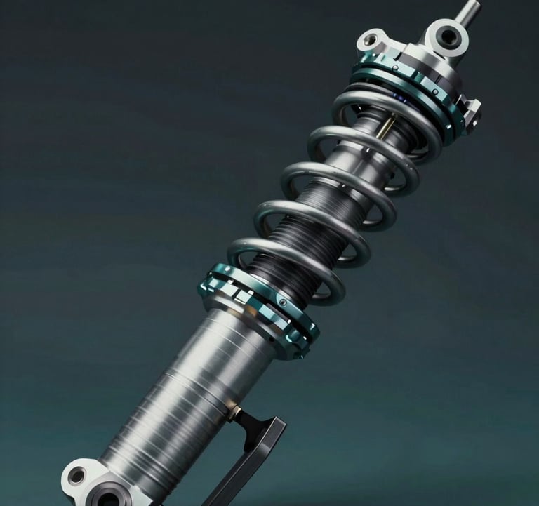 Close-up of high-performance motorsport suspension components and dampers. Precision engineering detail, sharp focus, technical lighting, dark professional background incorporating #0a0f0a and #134421.