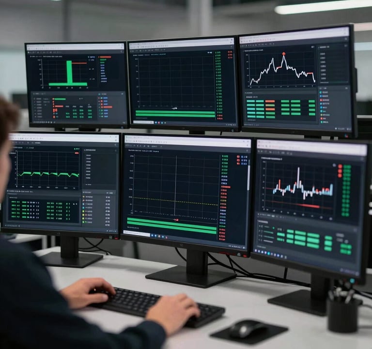 Professional motorsport data analysis workstation. Multiple high-resolution monitors displaying complex telemetry graphs and CAN bus signals. Deep blacks (#0a0f0a) with sharp white and dark green (#134421) UI elements.