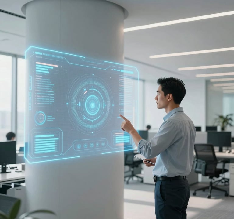 Photography of a modern, bright office space in North America where a professional individual is focused on a large holographic-style interface display. The setting is clean and futuristic with light gray and muted blue accents.