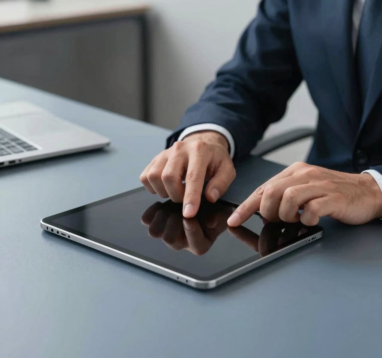 A detailed photograph of a professional in a modern North American workplace focusing on a sleek tablet device. The lighting is clean and focused, highlighting a minimalist desk with slate blue accents. The style is sharp, authoritative, and clean.