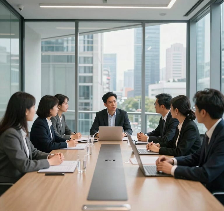 A collaborative team meeting in a sleek, glass-walled conference room in a modern city, morning light, clean lines, professional and innovative atmosphere.