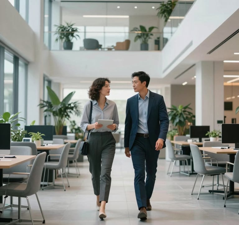 Two colleagues walking through a bright, modern office atrium with indoor plants and minimalist furniture, discussing innovation, light gray and blue accents.