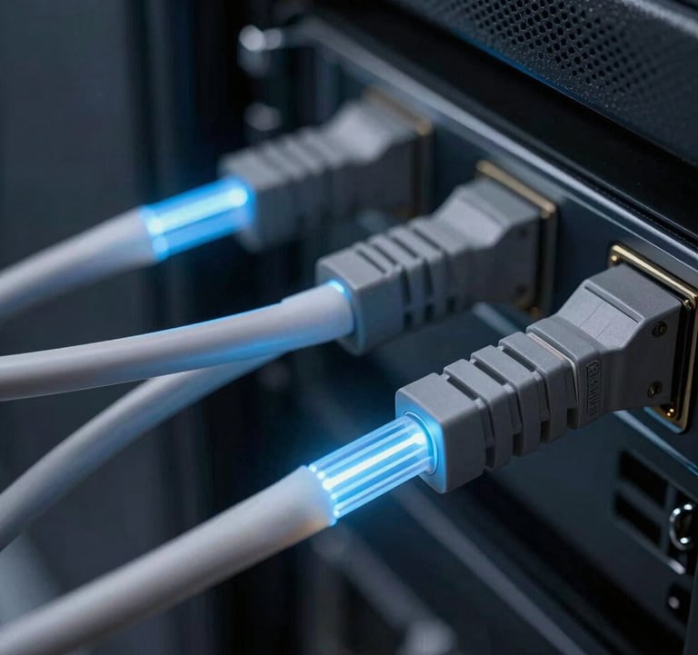 A close-up of optical fiber cables glowing with soft blue light in a dark server room, representing high-speed connectivity and innovation, slate gray accents.