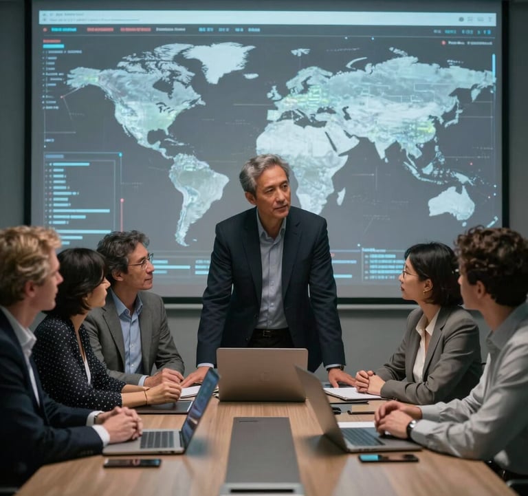 A group of diverse professionals in a high-tech boardroom collaborating over a digital data projection. The style is professional, with a color palette of steel gray and deep black. North American / Global context.