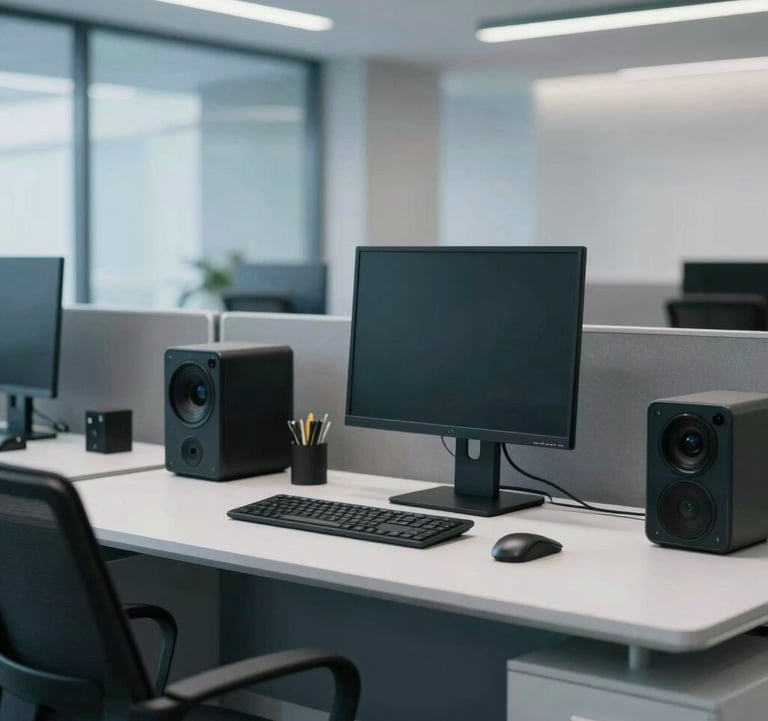 An eye-level shot of a modern, high-tech workspace. The image features a minimalist desk with professional equipment, set against a backdrop of soft-focus architectural lines in a North American corporate building. Colors include slate blue and light gray with sharp lighting.