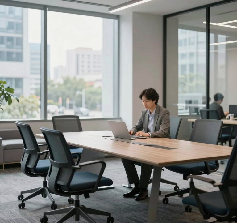 A professional setting in a North American high-tech hub. The composition shows a meeting area with modern ergonomic furniture in cool gray and slate blue. Bright, natural light filters through large windows, creating an empowering and clear atmosphere for innovation.