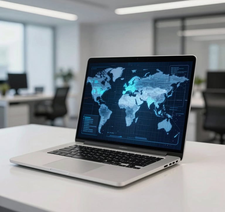 Photography of a high-end laptop on a white desk showing a sophisticated AI data map. The background is a blurred, modern office space with clean lines and silver accents. North American / Global environment.