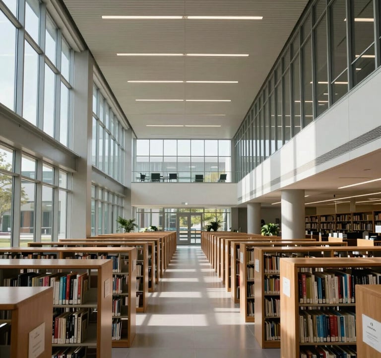 A wide photography shot of a sleek, minimalist university library or modern research hall with steel and glass architecture. Sunlight streams through large windows, creating an empowering and professional atmosphere. North American / Global setting.