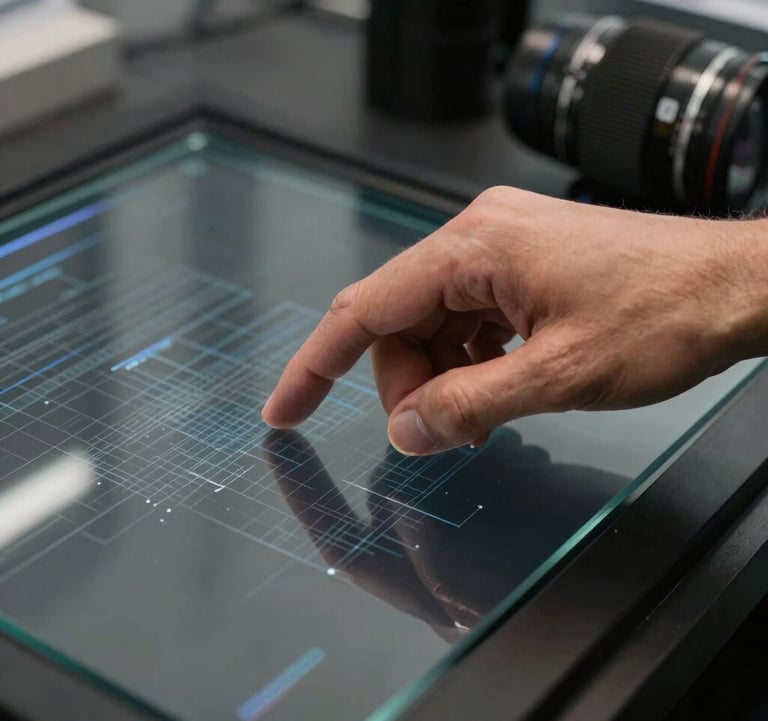 Close-up of a professional's hand interacting with a high-tech glass display showing digital patterns, slate gray and deep black tones, professional North American / Global setting.