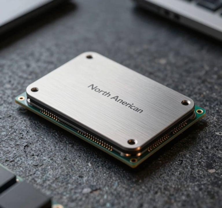 A close-up photograph of a sleek, brushed-metal artificial intelligence hardware module resting on a polished dark stone surface. The lighting is sophisticated and professional, highlighting textures of innovation in a North American tech office.