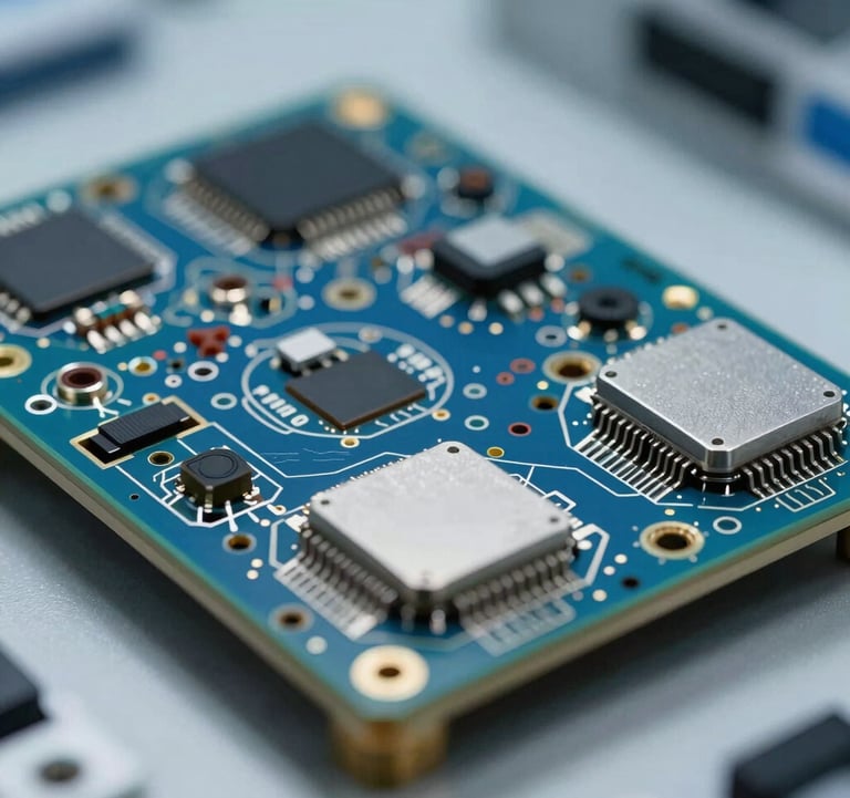A macro photograph of high-tech hardware components in a clean room environment, blue and silver color tones, representing precision and professional quality.