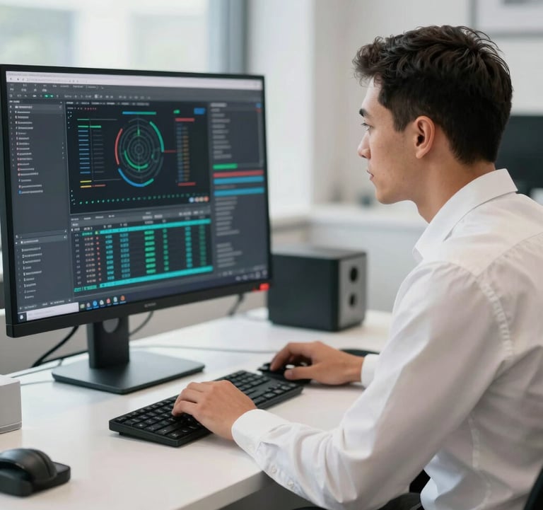 A professional in a crisp white shirt working at a clean, modern workstation with a large monitor displaying complex data, soft natural light, North American setting.