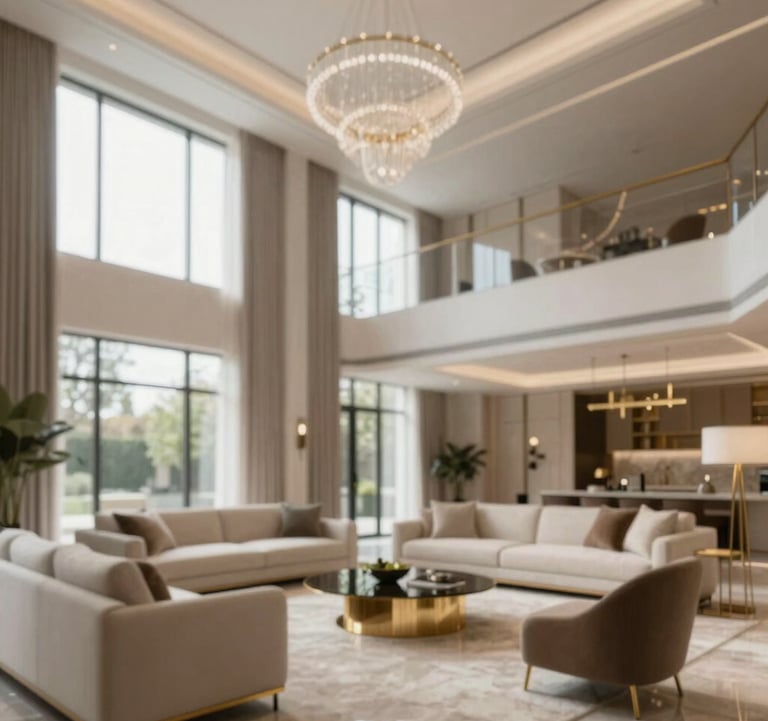 Interior shot of a luxury living room with double-height ceilings and tall windows. Modern furniture in neutral palette with gold accents, highlighting the high-end finishes of HRN projects.