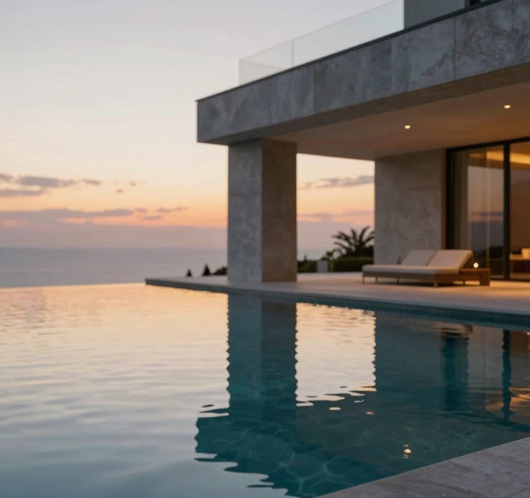 Architectural detail of a luxury villa's infinity pool reflecting the sunset sky. Stone textures in #A9A9A9 and gold-toned pool lighting. Clean, minimal, and aspirational.