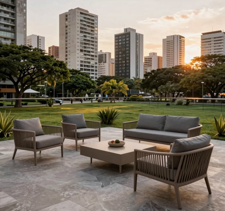 A spacious terrace of a high-end apartment in a South American / Brazilian city, featuring designer outdoor furniture in taupe and slate grey, overlooking a lush park, sunset lighting.