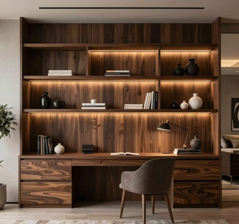 Modern home office with dark wood shelves and minimalist decor in a high-end South American / Brazilian residence, soft warm lighting, refined atmosphere.