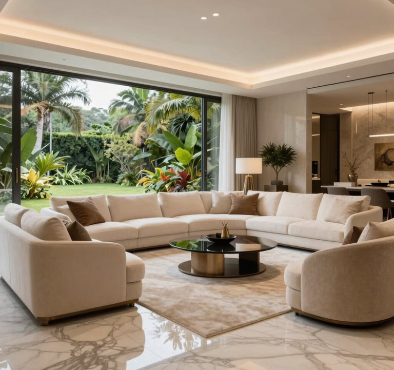 A luxury living room interior with high-end designer furniture, large marble floors, and floor-to-ceiling windows showing a lush South American / Brazilian garden. Colors: soft off-white and warm sandstone beige.