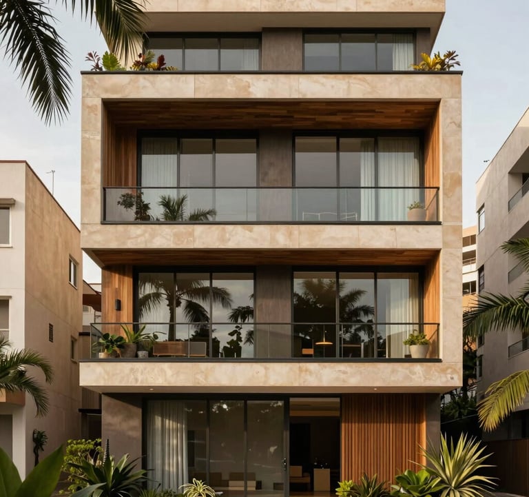 Modern architectural facade with clean glass and wood details, surrounded by tropical greenery in a South American / Brazilian high-end neighborhood. Colors: muted taupe brown and warm sandstone beige.