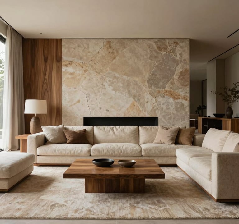 A high-end interior shot of a minimalist living room in a South American / Brazilian luxury residence. Focus on natural textures like wood and stone in Muted Umber and Warm Stone colors. Soft, elegant natural lighting.