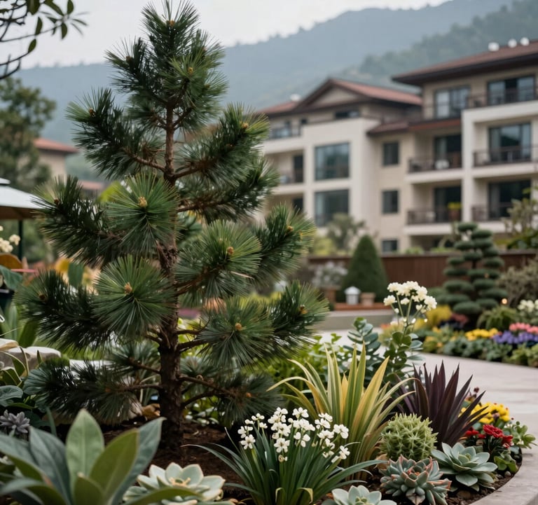 A close-up of local Uttarakhand flora and pine trees in a mountain garden, with a blurred background of a premium residential project, highlighting the connection to nature and sophisticated lifestyle.