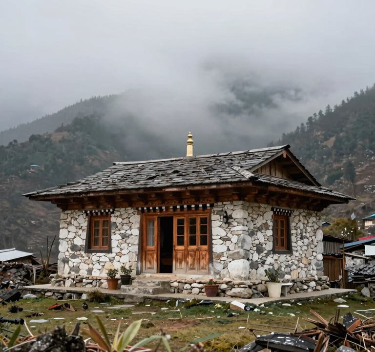 A luxury stone and wood cottage nestled in a misty Himalayan valley, South Asian / Indian mountain architecture, professional architectural photography, soft natural lighting.