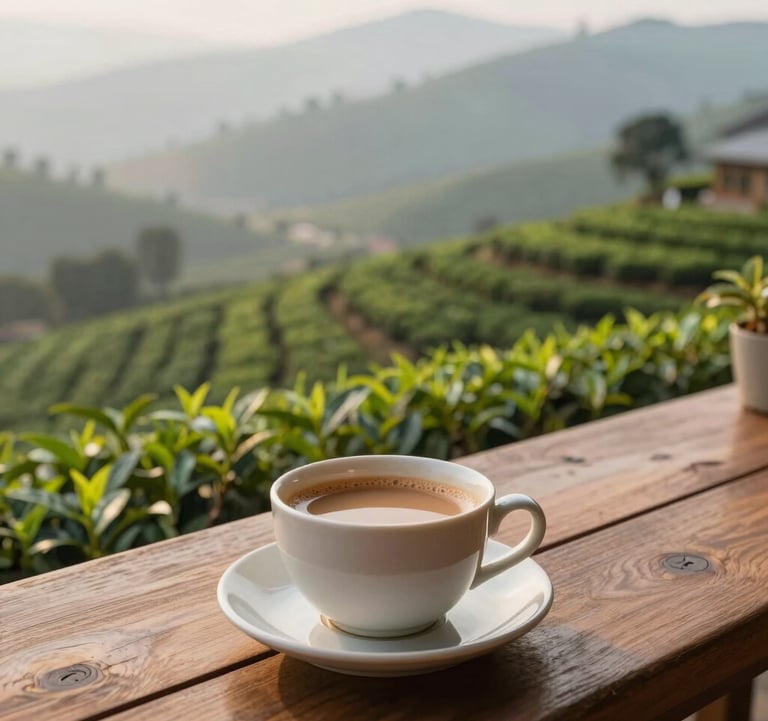 A peaceful balcony view from an AGF property, overlooking a tea garden in the Dehradun valley. A ceramic cup of chai sits on a wooden table. Soft morning lighting with a focus on tranquility and luxury.