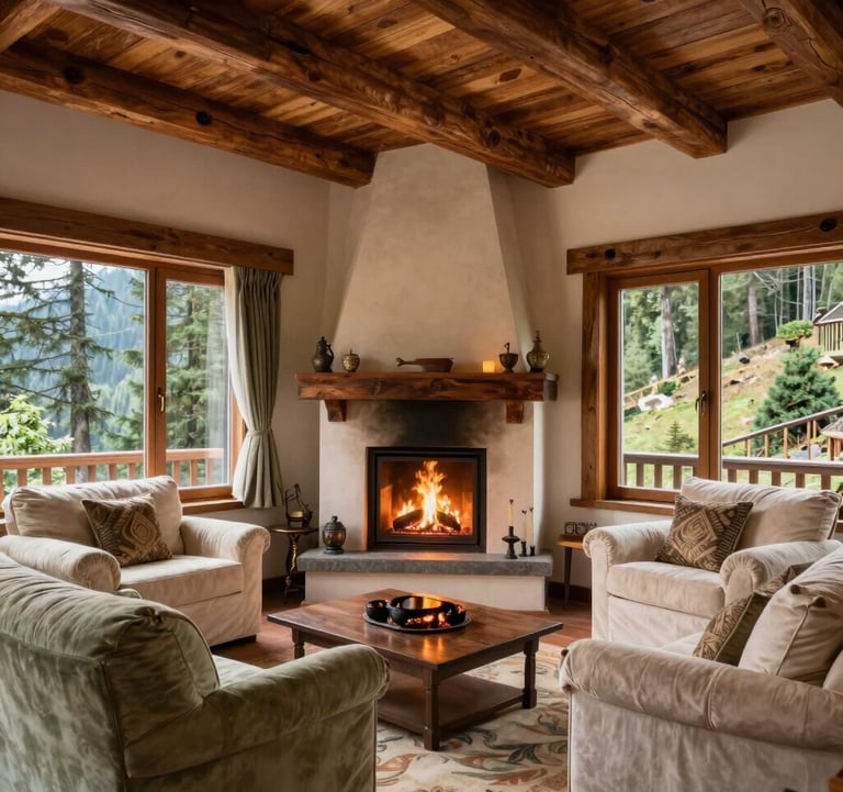 Interior of a luxury mountain lodge in Uttarakhand, featuring a warm fireplace, timber beams, and plush furniture in sage and cream tones. Large windows show a serene forest view. South Asian / Indian decor elements.