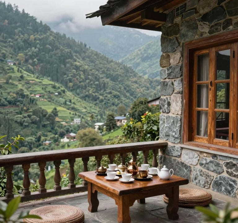 A photography shot of a luxury stone and wood cottage balcony in Uttarakhand, overlooking a lush green valley with traditional South Asian Indian tea service on a low wooden table, soft slate green and mist tones.