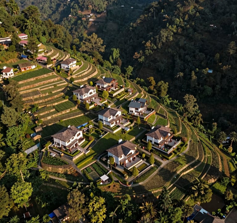A sweeping aerial view of a small, well-planned luxury estate nestled between terrace farms and a deep forest in Uttarakhand, late afternoon lighting casting long shadows across the sage green landscape.
