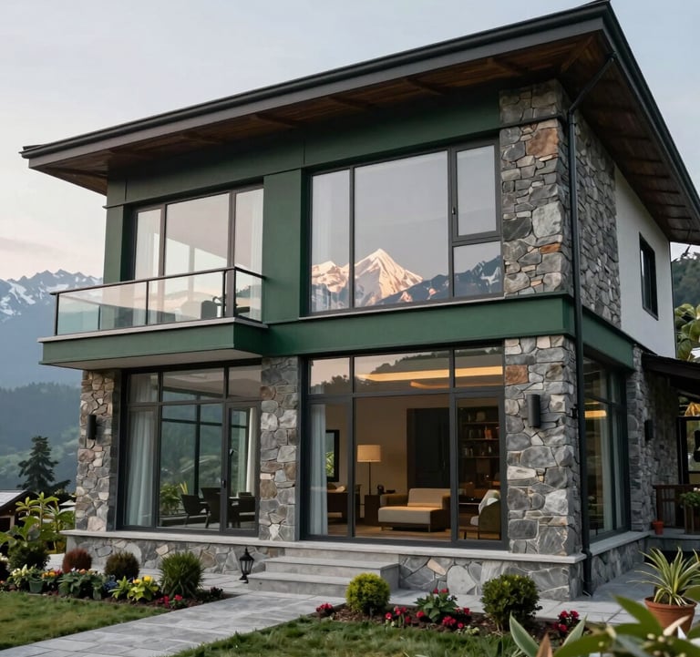 A high-end modern villa exterior in Mussoorie, featuring large glass windows reflecting the Himalayan peaks. The architecture uses natural stone and dark green accents. South Asian / Indian setting with premium landscaping.