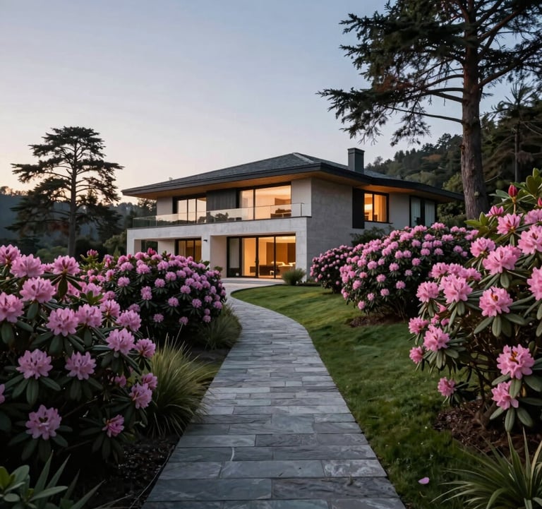 A beautiful stone pathway leading to a modern luxury villa in the hills, surrounded by rhododendron flowers and tall cedar trees, evening twilight.