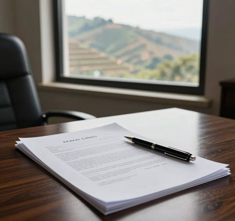 A professional setting showing real estate legal documents and a pen on a polished dark wood desk. A window in the background shows a serene view of terraced hills. South Asian / Indian office aesthetic.