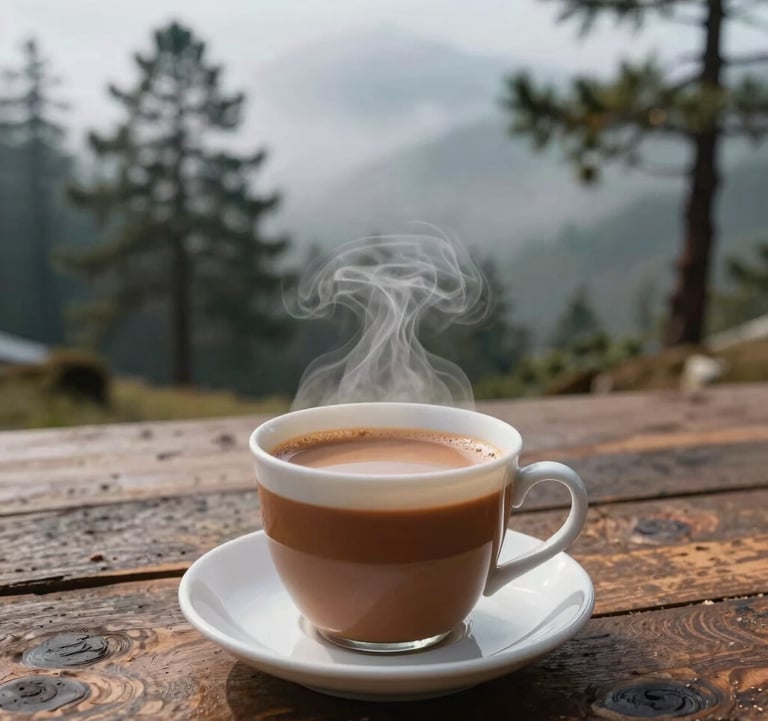 Close-up of a steaming cup of masala chai on a rustic wooden table, with a background of misty Himalayan pine trees, South Asian / Indian mountain lifestyle.