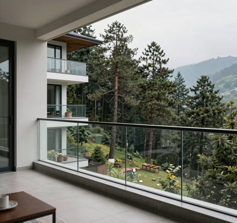 A modern luxury apartment balcony with a glass railing, showcasing a breathtaking view of the pine forests of Mussoorie, South Asian / Indian decor accents.