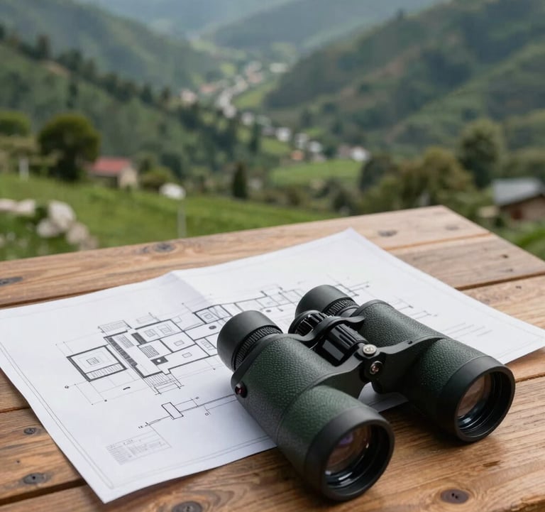A high-quality architectural plan and a pair of professional binoculars lying on a wooden table, overlooking a lush green valley in Uttarakhand. The scene is bright and professional. South Asian / Indian setting.