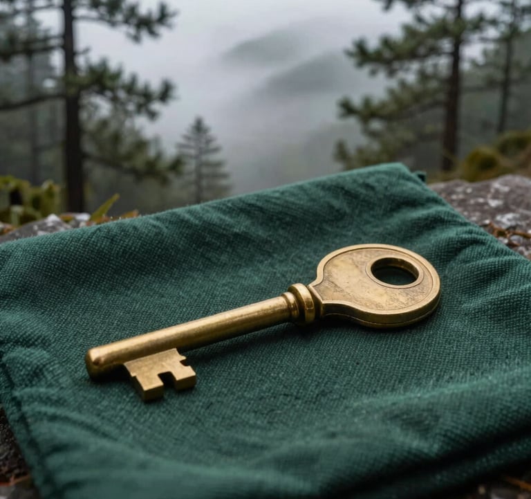 A close-up photograph of a brass key sitting on a dark green textured cloth, with a background view of a mist-covered pine forest. The mood is sophisticated and promising. South Asian / Indian mountains.
