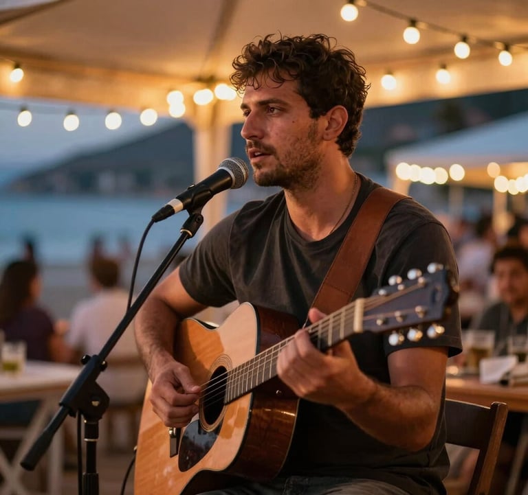 Close-up photography of a guitarist performing live outdoor acoustic music under fairy lights at a beachside venue, warm orange glow, Turkish Riviera / European expat and tourist community evening vibe.