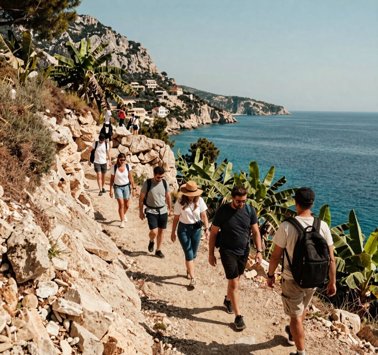 Scenic outdoor photography of an excursion along the cliffs of Gazipasa. Adventurous travelers from the Turkish Riviera / European expat and tourist community are hiking a trail overlooking the turquoise sea and green banana plantations under bright, warm Mediterranean sunlight.