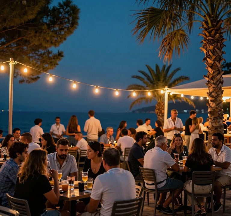 Photography of a lively evening social gathering for the Turkish Riviera / European expat and tourist community. People are sitting at outdoor tables, enjoying cold drinks under glowing string lights with warm sunset orange accents. The background features deep pine teal night sky and tropical palms.