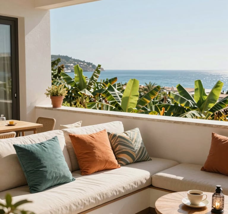A bright, inviting modern apartment terrace in Gazipasa with colorful pillows, overlooking banana plantations and the sea, sunny day, warm welcoming style, real estate and travel tourism vibe.