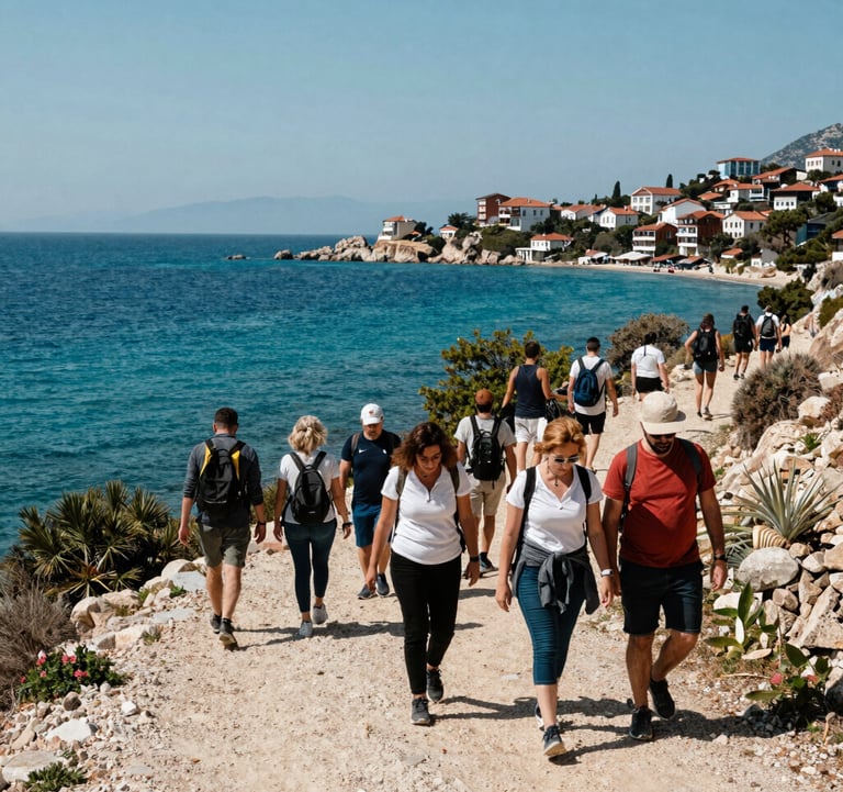 Wide shot of a group of tourists and locals hiking along a scenic coastal trail in Gazipasa overlooking the turquoise Mediterranean Sea, bright sunny sky, Turkish Riviera / European expat and tourist community activity.