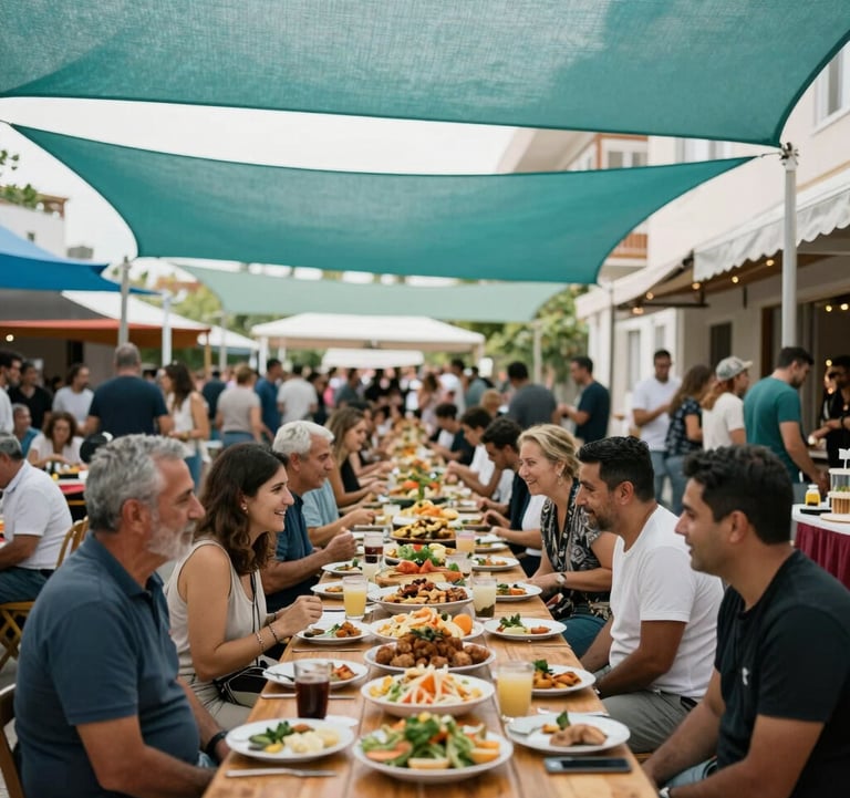 High-quality photography of an outdoor community festival in Gazipasa on the Turkish Riviera. Long wooden tables are filled with local food, surrounded by diverse people from the Turkish Riviera / European expat and tourist community laughing and sharing stories under beautiful pastel teal and light sage green shade sails.